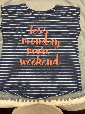 St. John's Bay Navy & White Striped Tee with Coral Script